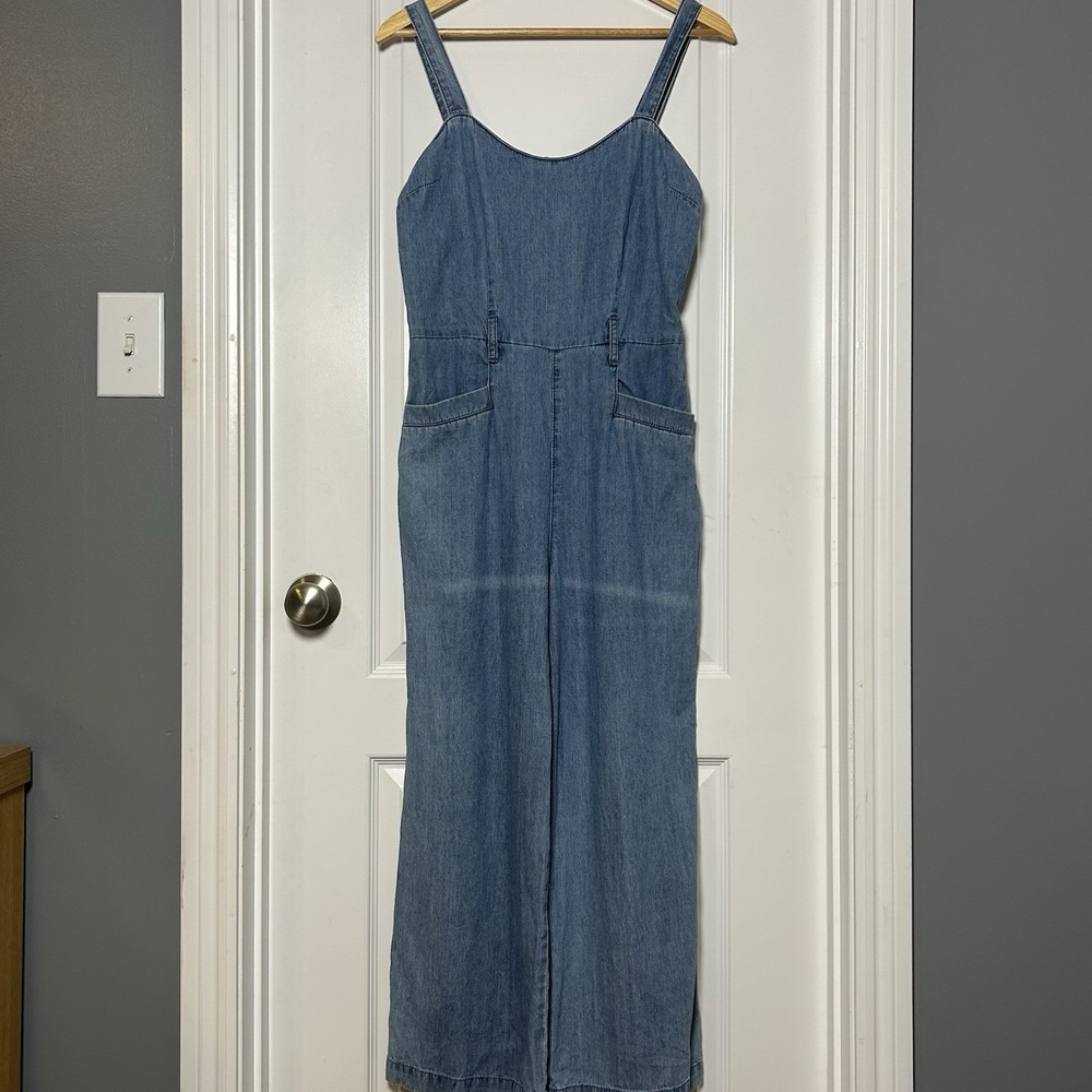 Rewash 100% Cotton Blue Medium Wash Denim Sleeveless Wide Leg Jumpsuit